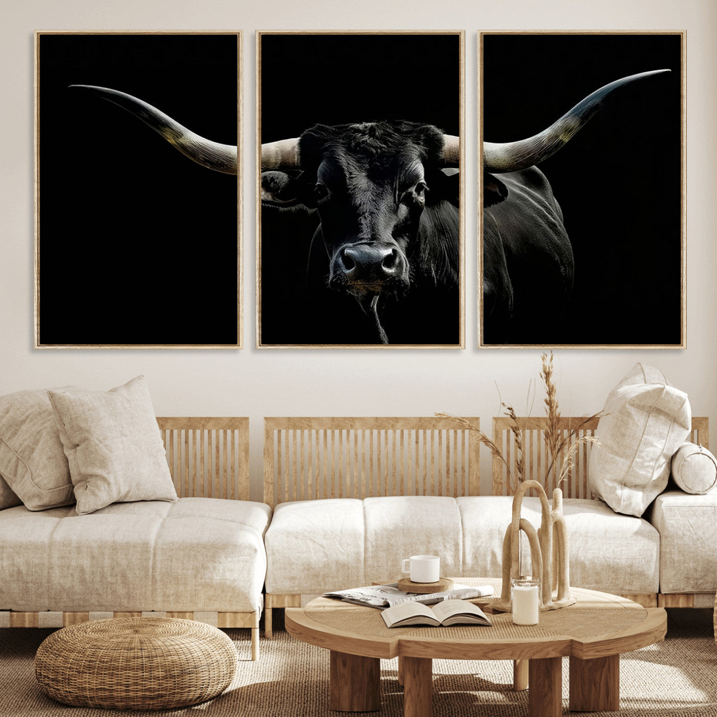 MGV-FC-60X30-3P - Texas Black Bull Wall Art Print, Longhorn Bull Canvas Wall Art