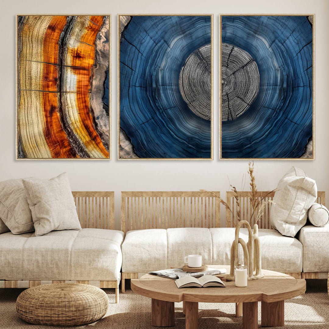 Vibrant Abstract Tree Rings in Orange, Brown, and Blue - Canvas Print for Nature Woodland Wall Decor.