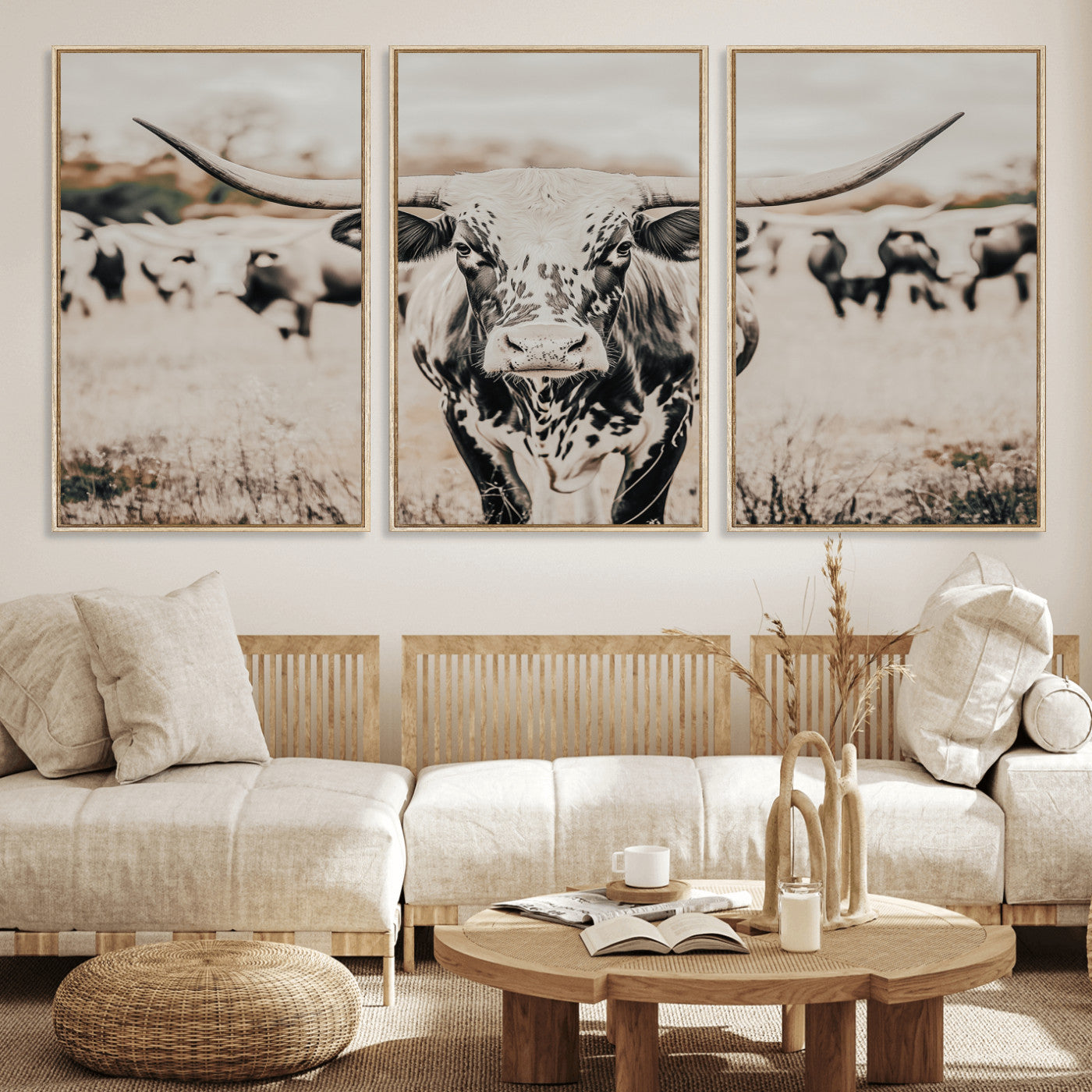 MGV-FC-60X30-3P - Texas Longhorn Wall Art Canvas Print, Framed Speckled Cow Art Picture Print, Horned Cattle Perfect Rustic Western Decor Artwork
