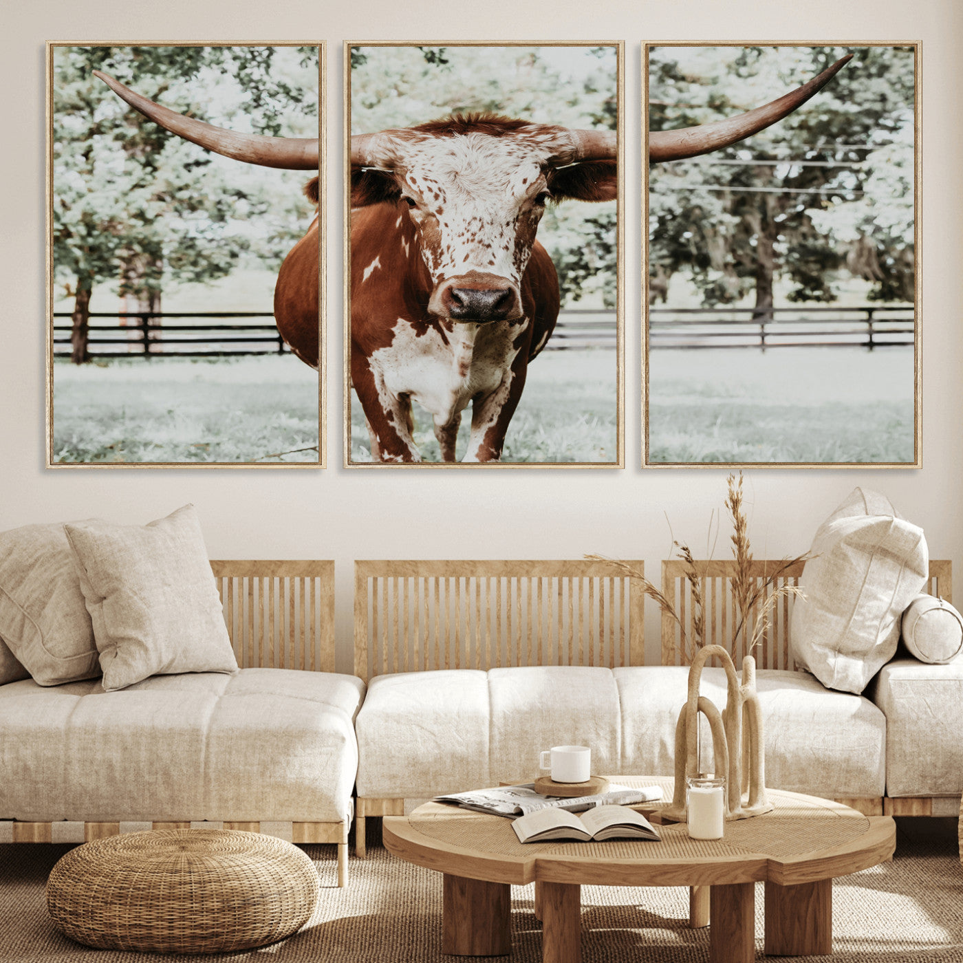 MGV-FC-60X30-3P - Texas Longhorn Wall Art Canvas Print, Framed Spotted Cow Art Picture Print, Horned Cattle Perfect Rustic Western Decor Artwork