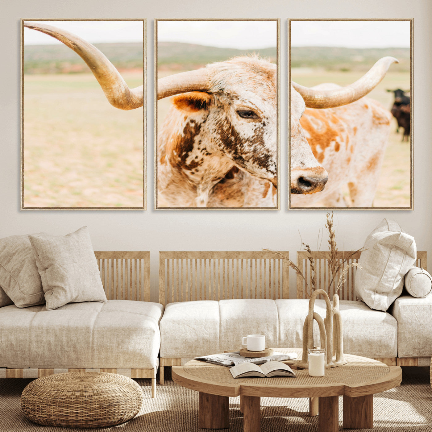MGV-FC-60X30-3P - Texas Longhorn Wall Art Canvas Print, Framed Spotted Cow Art Picture Print, Horned Cattle Perfect Rustic Western Decor Artwork