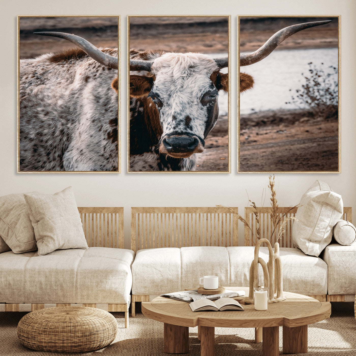 MGV-FC-60X30-3P - Texas Longhorn Wall Art Canvas Print, Framed Spotted Cow Art Picture Print, Horned Cattle Perfect Rustic Western Decor Artwork