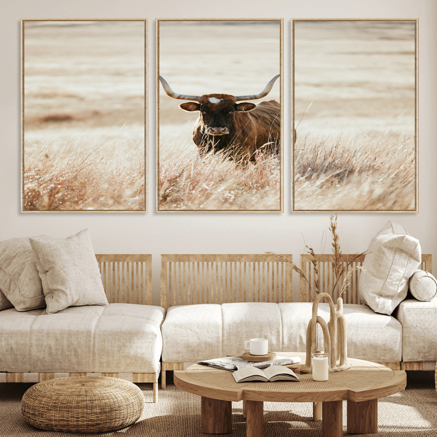 MGV-FC-60X30-3P - Texas Longhorn Wall Art Canvas Print, Framed Brown Cattle Art Picture Print, Horned Bull Perfect Rustic Western Decor Artwork