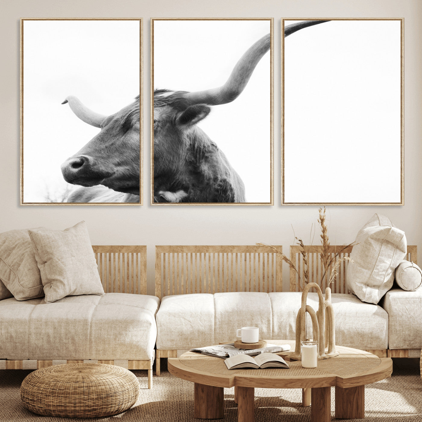 MGV-FC-60X30-3P - Longhorn Wall Art Wall Art Canvas Print, Framed Modern Ranch Style Art Art Picture Print, Monochrome Cow Print Perfect Rustic Western Decor Artwork