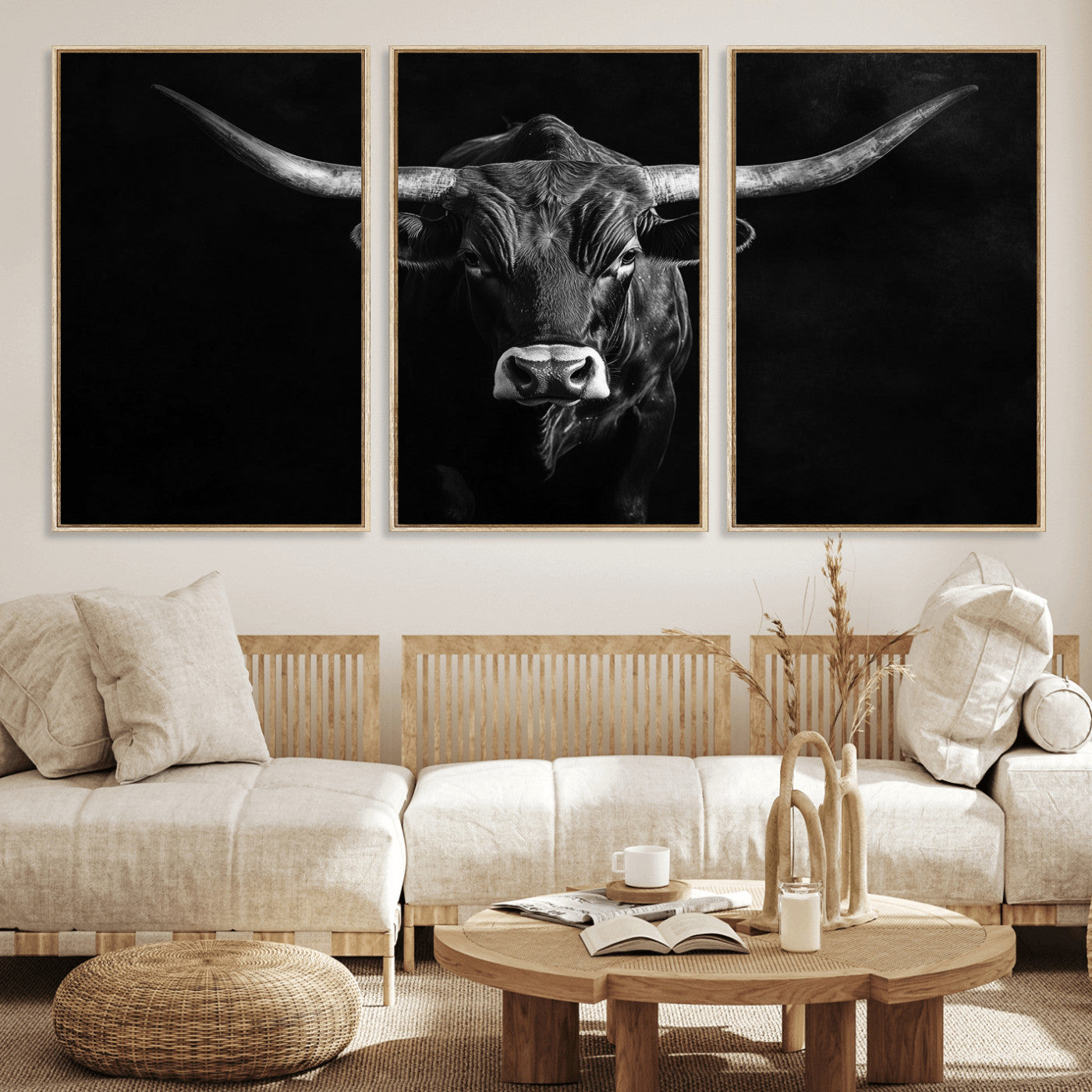 MGV-FC-60X30-3P - Texas Longhorn Wall Art Canvas Print, Framed Monochrome Bull Art Picture Print, Horned Bull Perfect Rustic Western Decor Artwork