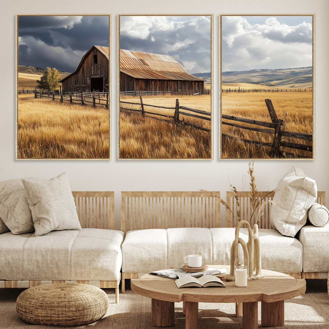 Canvas of a weathered wooden barn in a golden field under a dramatic sky, perfect for rustic or farmhouse-style wall decor.
