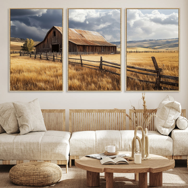 Canvas of a weathered wooden barn in a golden field under a dramatic sky, perfect for rustic or farmhouse-style wall decor.