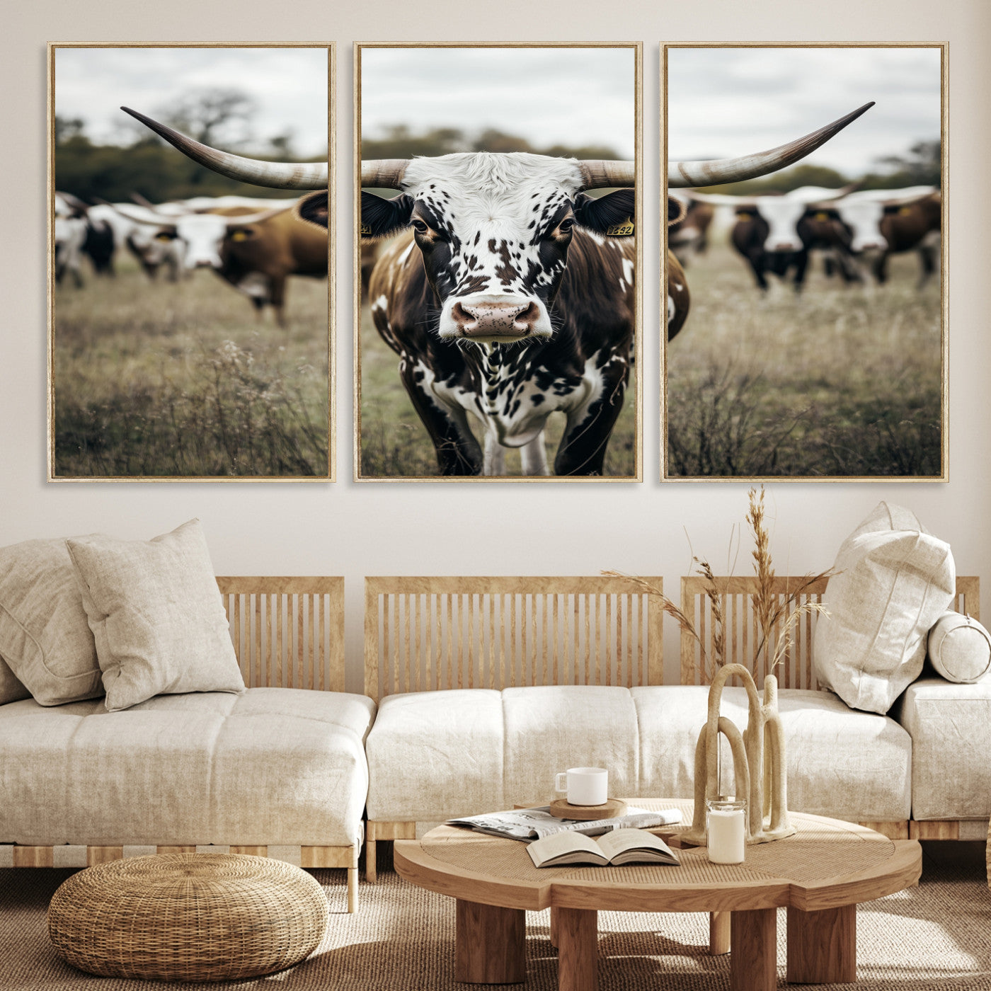 Canvas of a speckled Texas longhorn standing boldly in a field with a herd behind, perfect for rustic western or farmhouse wall decor.