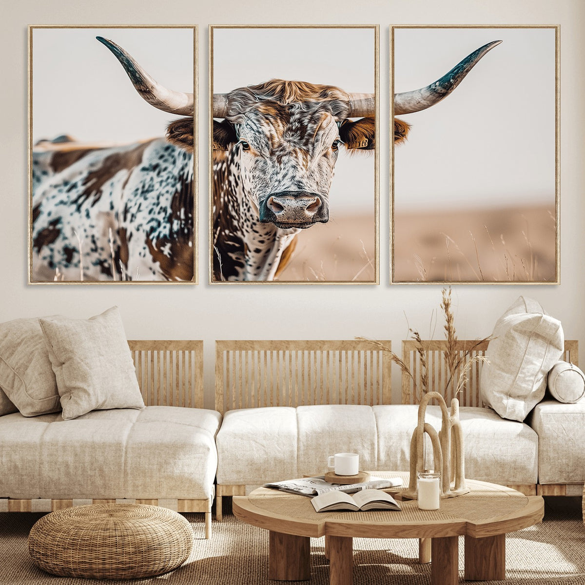 70414966-MGV-CV-24X16 - Texas Longhorn Wall Art | Framed Speckled Cow Canvas
