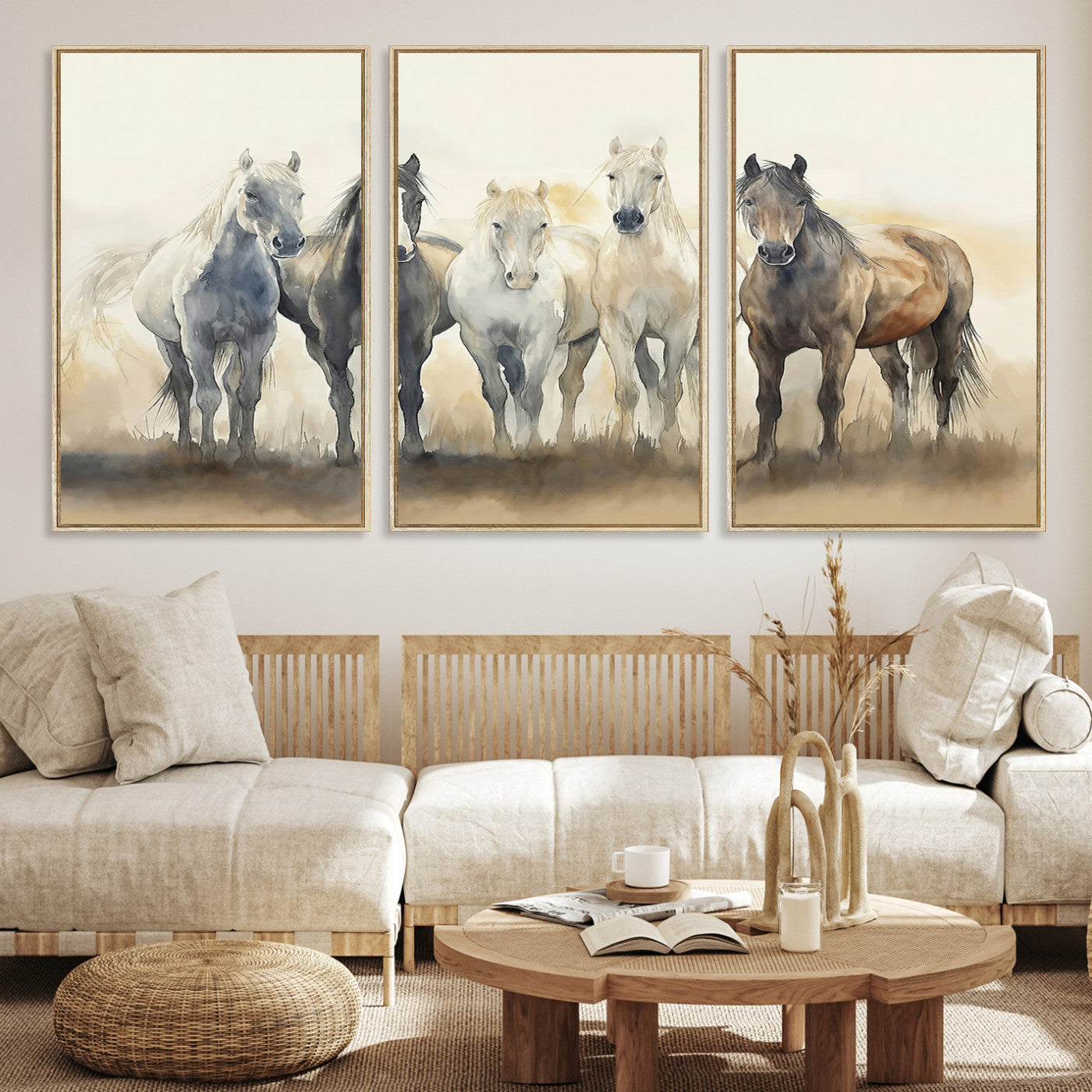 Watercolor illustration of five wild horses in soft neutral tones, perfect for rustic or western-style home decor with a calming natural vibe.
