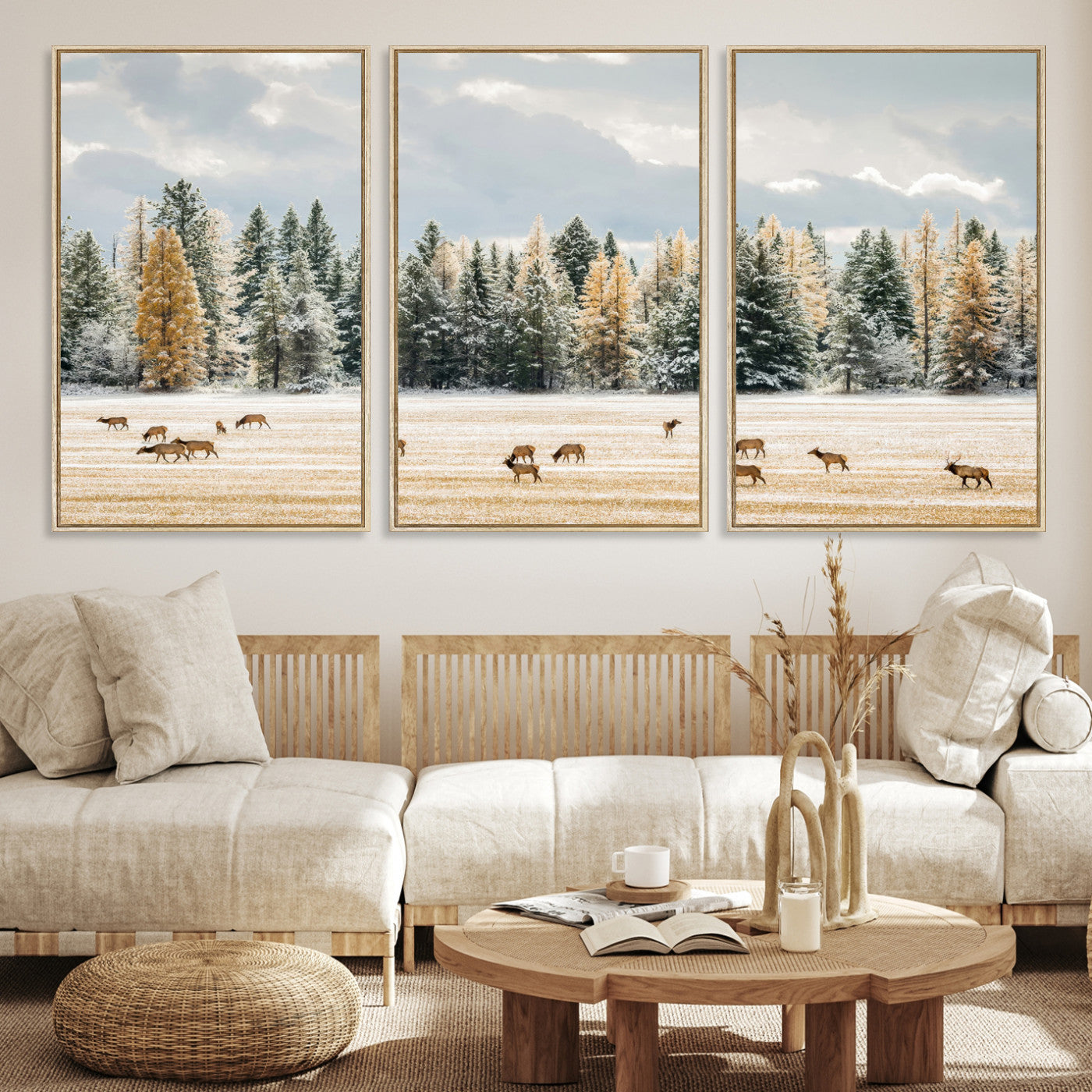 Elk herd in a snowy field with golden pine trees and frosted evergreens, ideal for neutral rustic or cabin-style home decor.