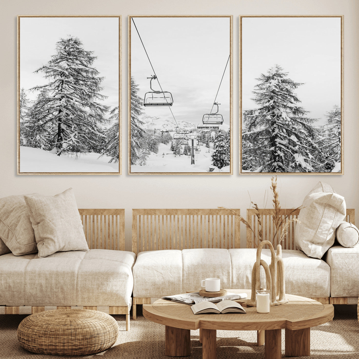55003599-MGV-CV-36X24 - Snowy Ski Lift Wall Art – Framed Winter Forest Canvas Artwork, Peaceful Mountain Design, Modern Nature Decor for Home, Office