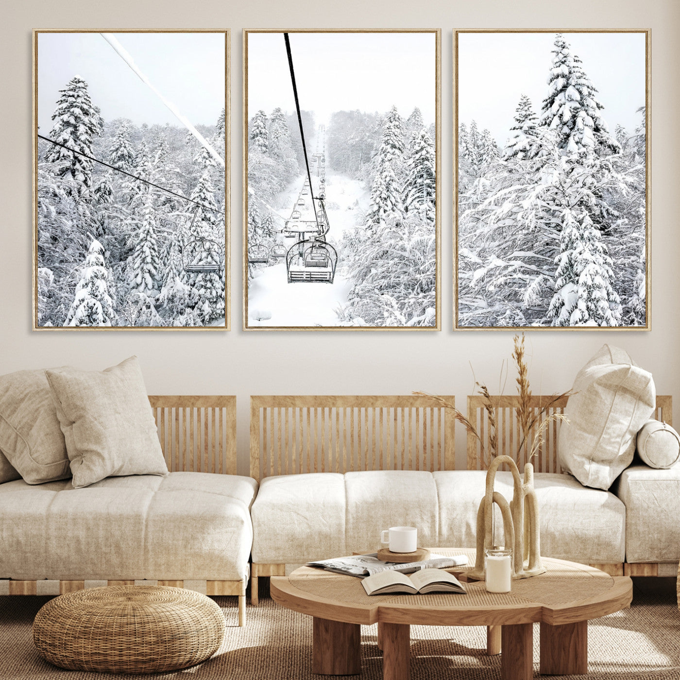 60296839-MGV-CV-36X24-Snowy Mountains Wall Art Canvas Print, Framed Ski Lift Art Picture Print, Winter Forest Perfect Winter Minimalist Decor, Ski Lift Canvas