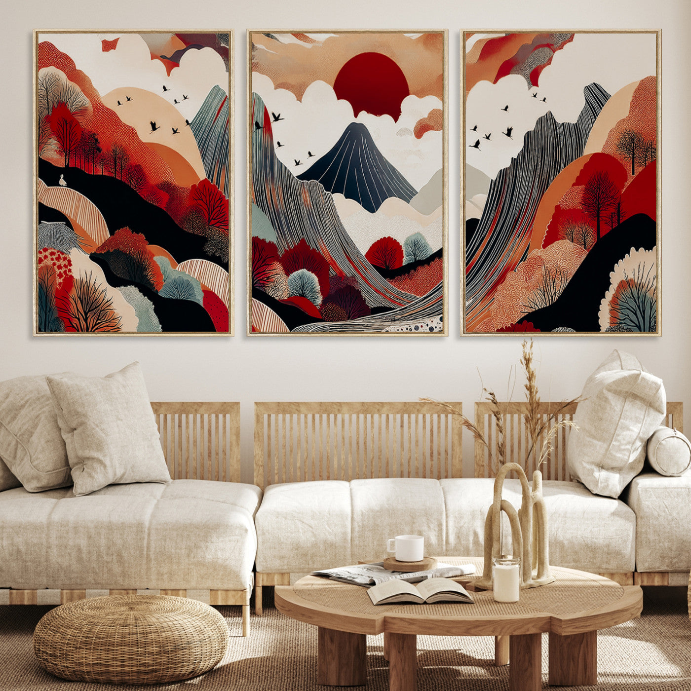 Abstract nature illustration with a red sun, mountains, and vibrant landscapes in graphic style, perfect for contemporary minimalist home decor. Ideal for modern spaces.