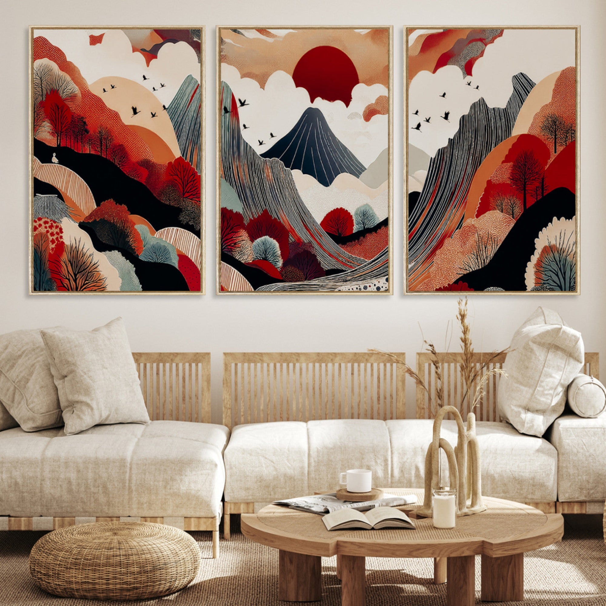Abstract nature illustration with a red sun, mountains, and vibrant landscapes in graphic style, perfect for contemporary minimalist home decor. Ideal for modern spaces.