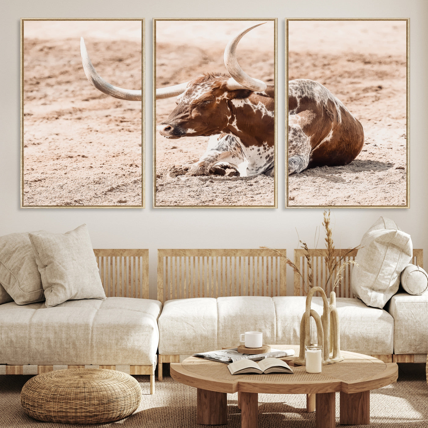 91248682-MGV-CV-36X24-Texas Longhorn Wall Art Canvas Print, Framed Resting Bull Art Picture Print, Spotted Cattle Perfect Rustic Western Decor, Spotted Cattle