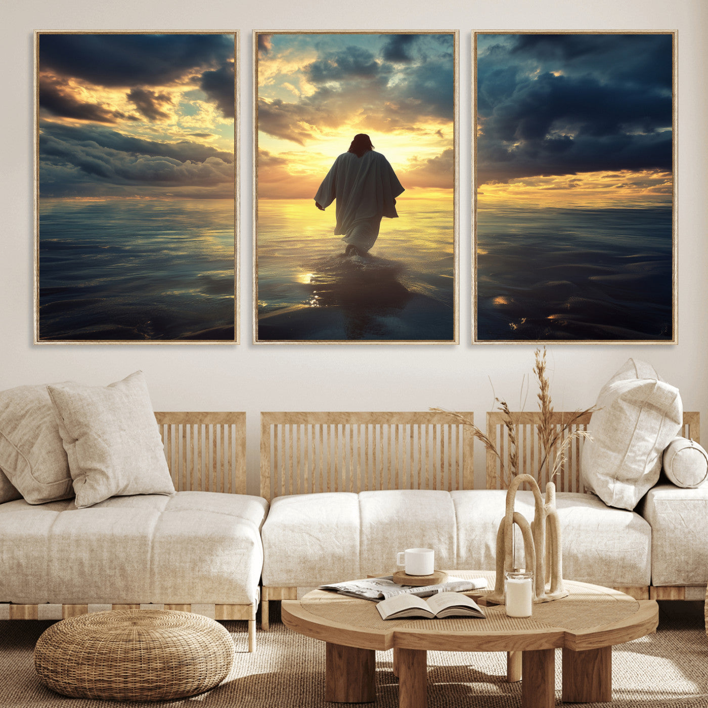 MGV-FC-60X30-3P - Jesus Walks Wall Art Canvas Print, Framed Divine Sunset Art Picture Print, Spiritual Light Perfect Spiritual Tranquil Decor Artwork