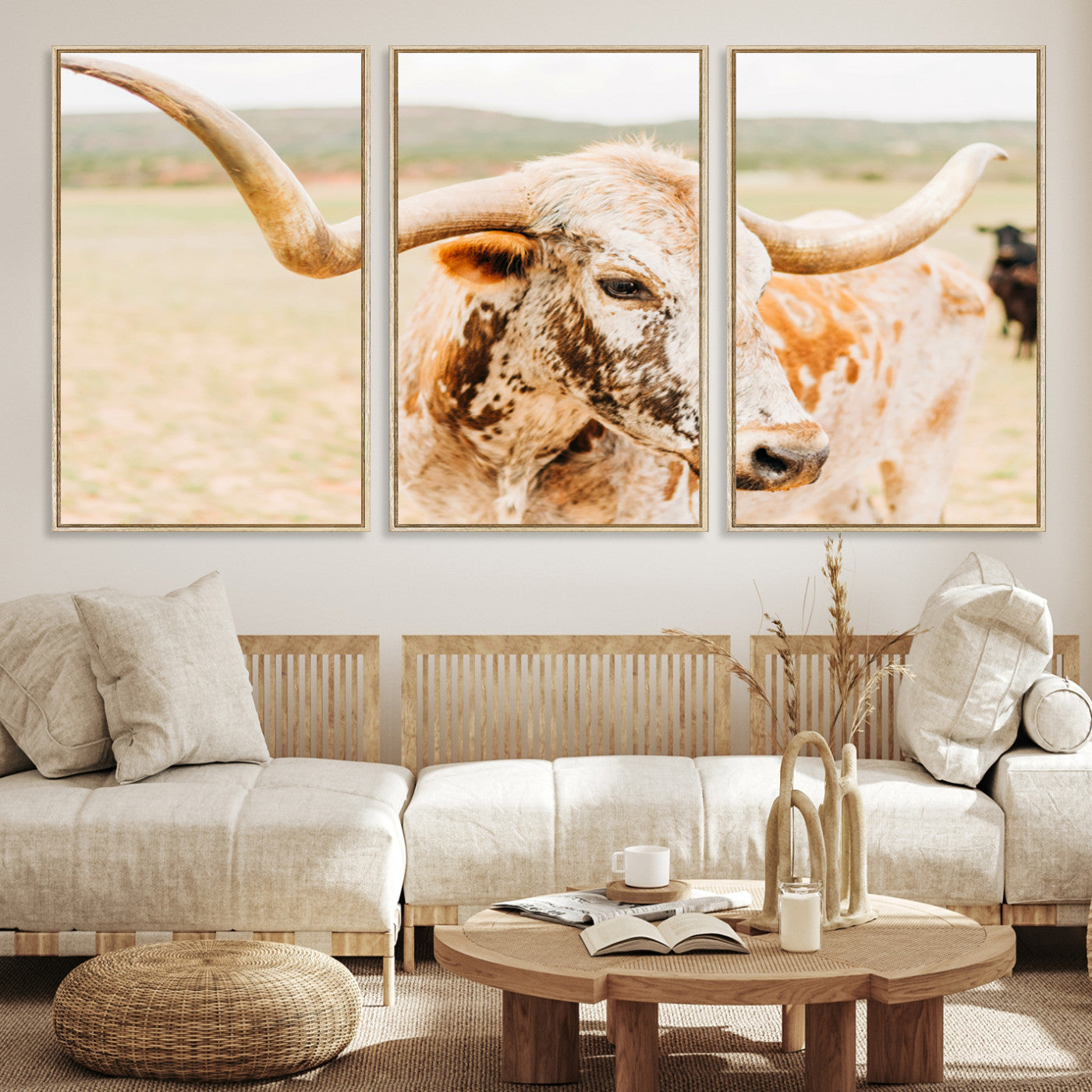 21060648-MGV-CV-36X24-Texas Longhorn Wall Art Canvas Print, Framed Speckled Cow Art Picture Print, Rustic Bull Perfect Rustic Western Decor, Framed Speckled Cow