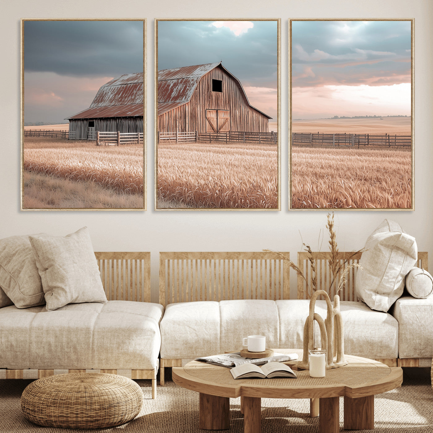 MGV-FC-60X30-3P - Rustic Barn Wall Art Canvas Print, Framed Wheat Field Art Picture Print, Sunset Barn Perfect Vintage Farmhouse Decor Artwork
