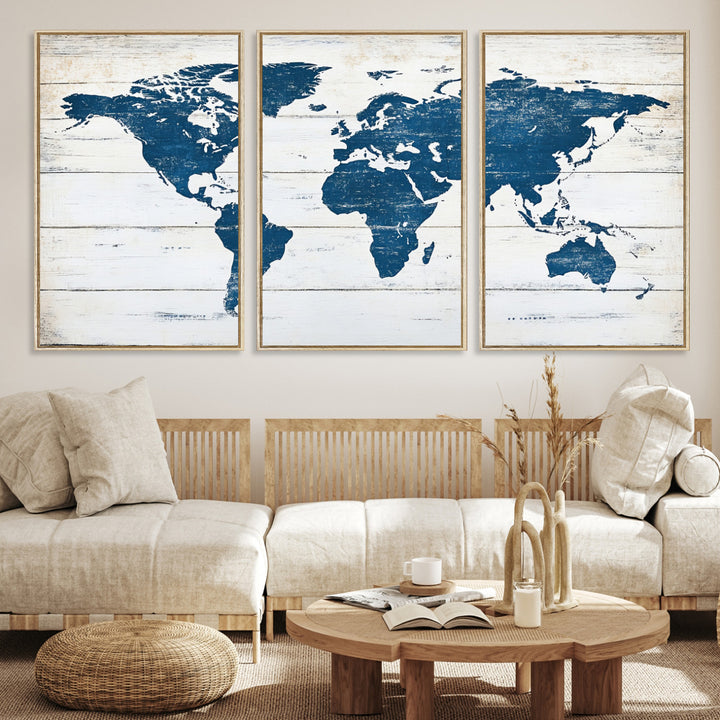 Rustic world map with blue continents on distressed wooden planks, perfect for coastal, explorer, or vintage-style wall decor.