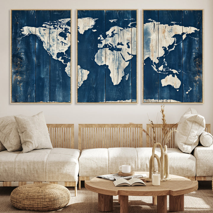 World Map Wall Art Canvas Print, Rustic Map Print, Framed Wooden World Map Art Print, Large Antique Map Decor Printing Perfect for Vintage Decor