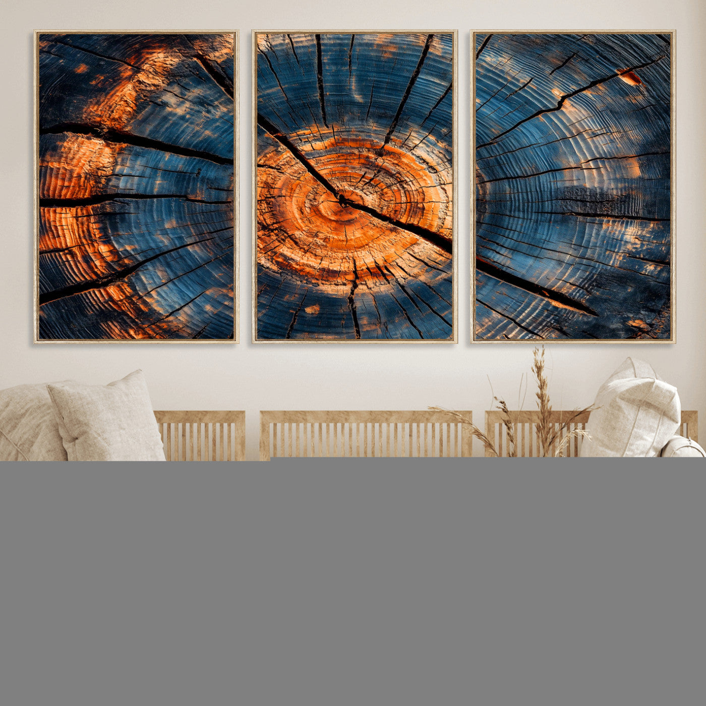 MGV-FC-60X30-3P - Burnt Wood Wall Art Canvas Print, Framed Aged Timber Art Picture Print, Rustic Tree Slice Perfect Rustic Decor Artwork