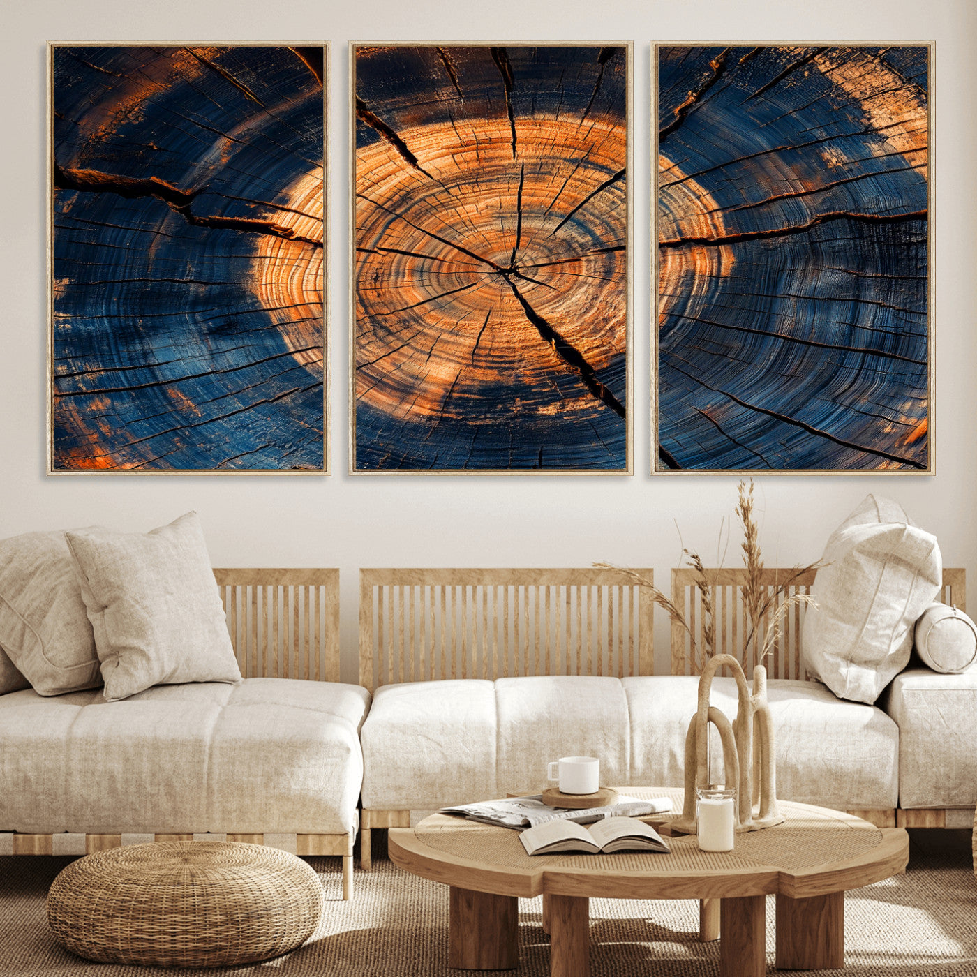 MGV-FC-60X30-3P - Burnt Wood Wall Art Canvas Print, Framed Aged Timber Art Picture Print, Rustic Tree Slice Perfect Rustic Decor Artwork