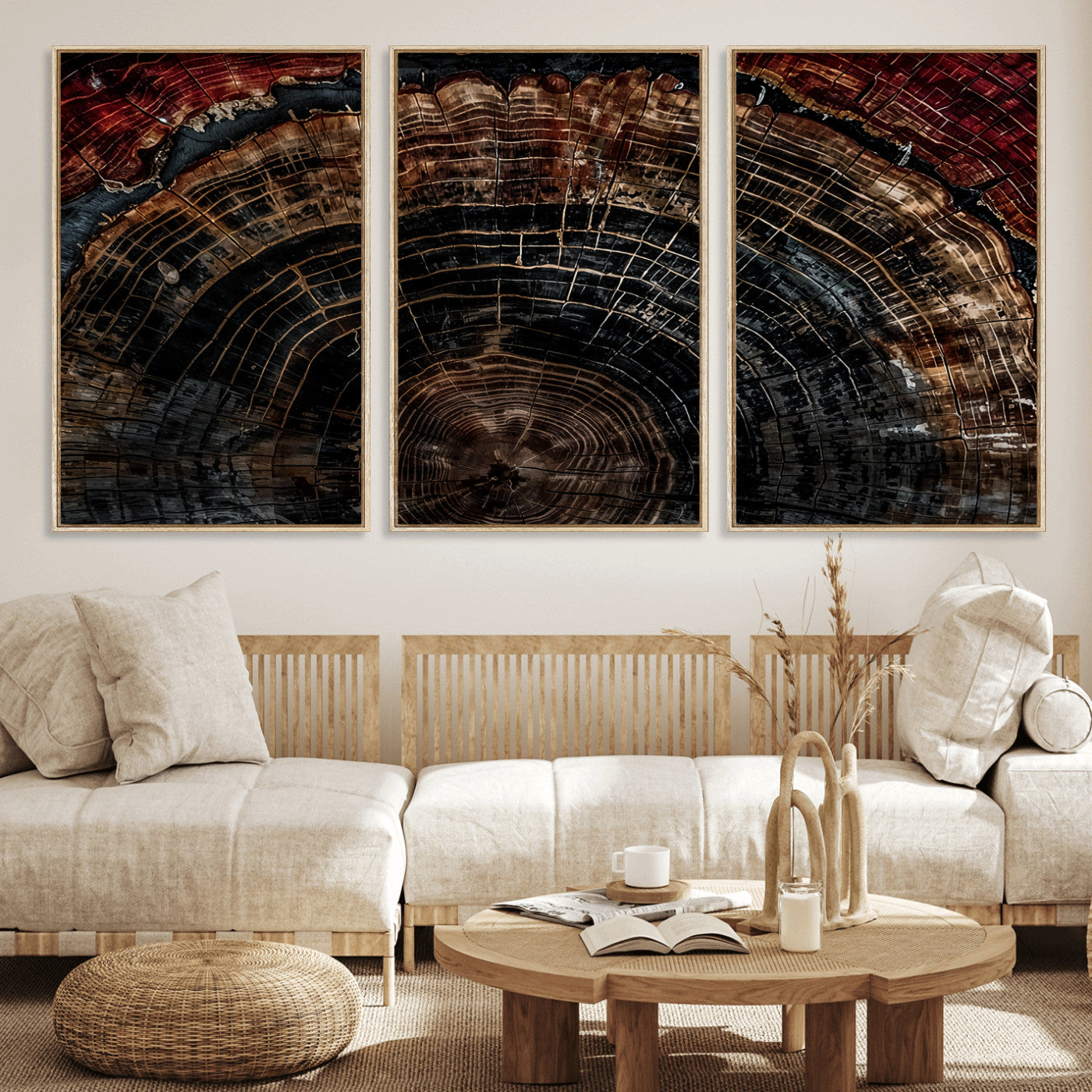 MGV-FC-60X30-3P - Dark Wood Ring Wall Art Canvas Print, Framed Abstract Wood Tree Art Picture Print, Rustic Tree Slice Perfect Rustic Decor Artwork