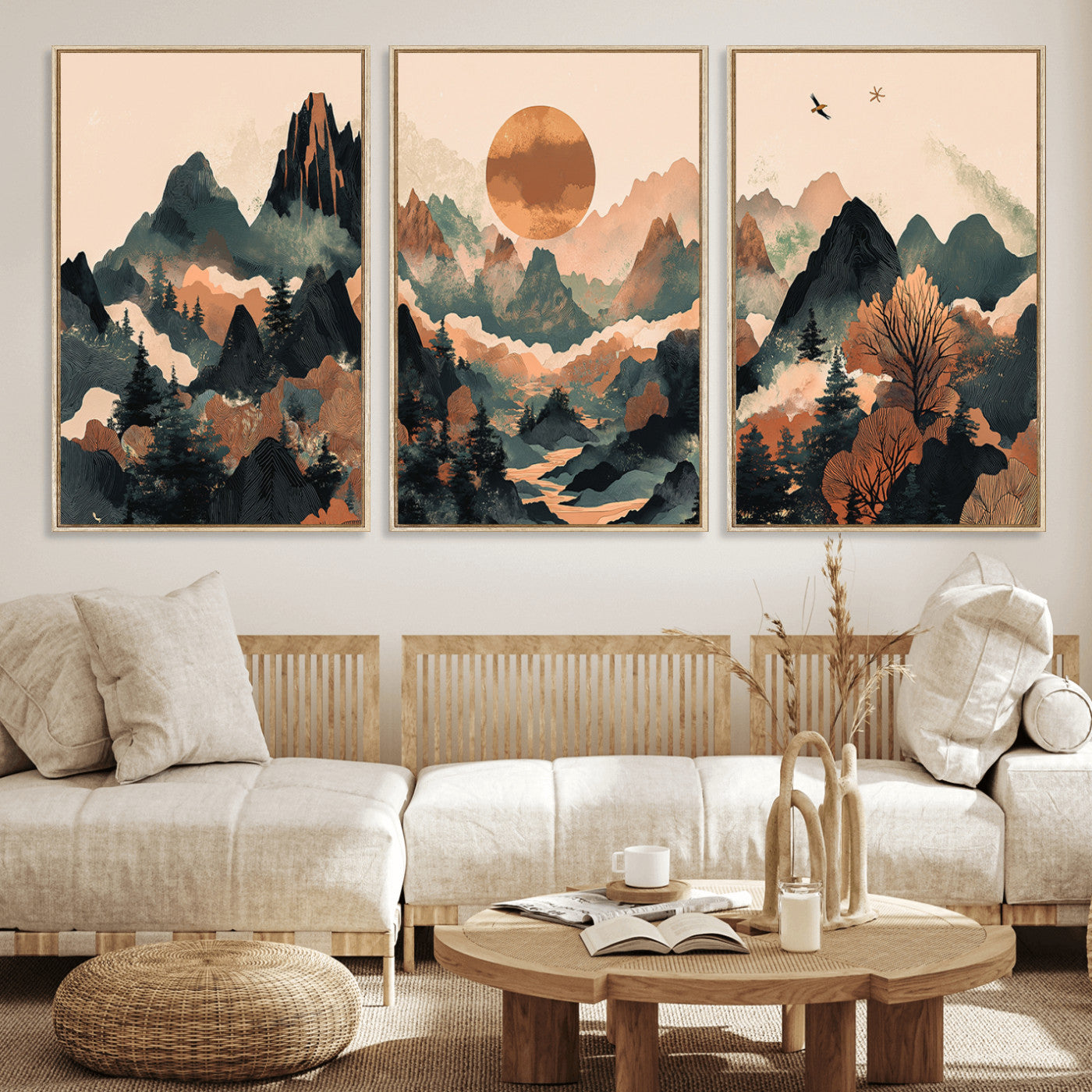 MGV-FC-60X30-3P - Wood Mountain Landscape Wall Art Canvas Print, Framed Sunset Hills Art Picture Print, Abstract Nature Perfect Boho Decor Artwork