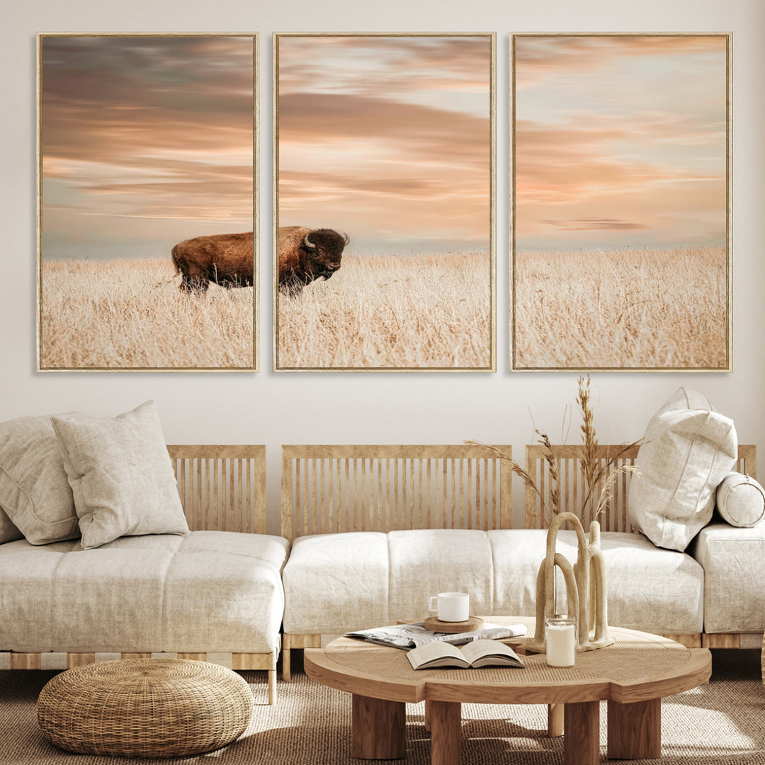 Bison Wall Art Canvas Print, Buffalo Print, Framed Western Prairie Art Print, Large Rustic Wildlife Printing Perfect for Rustic Decor