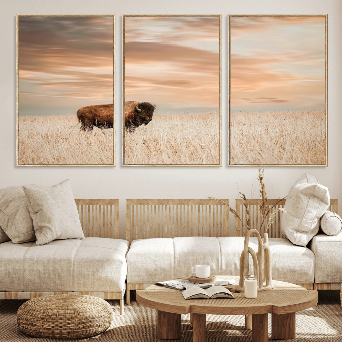 MGV-FC-60X30-3P - Bison Wall Art Canvas Print, Framed Buffalo Art Picture Print, Western Prairie Perfect Rustic Decor Artwork