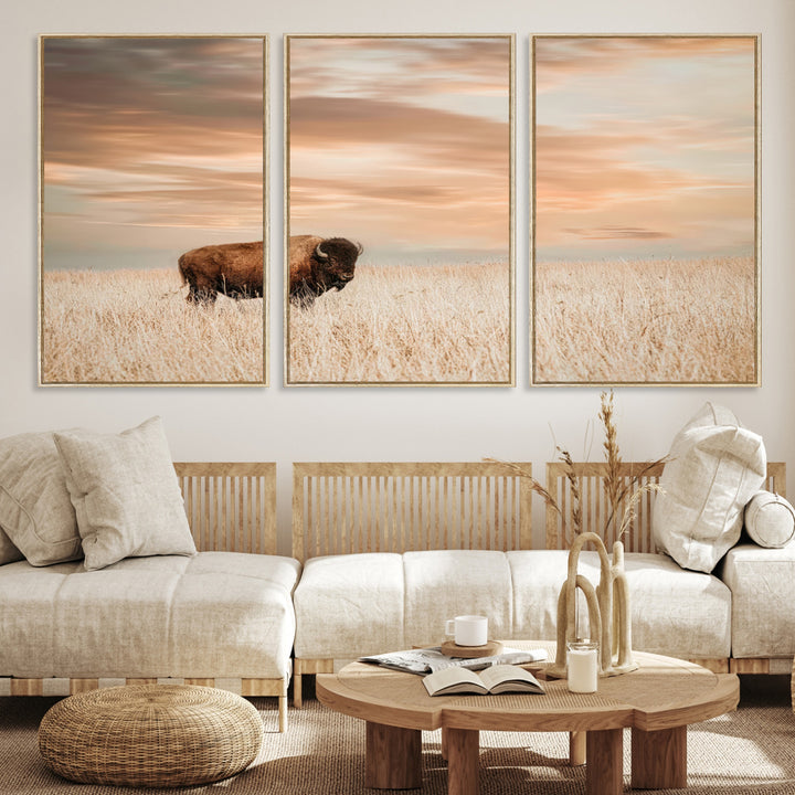 Bison Wall Art Canvas Print, Buffalo Print, Framed Western Prairie Art Print, Large Rustic Wildlife Printing Perfect for Rustic Decor