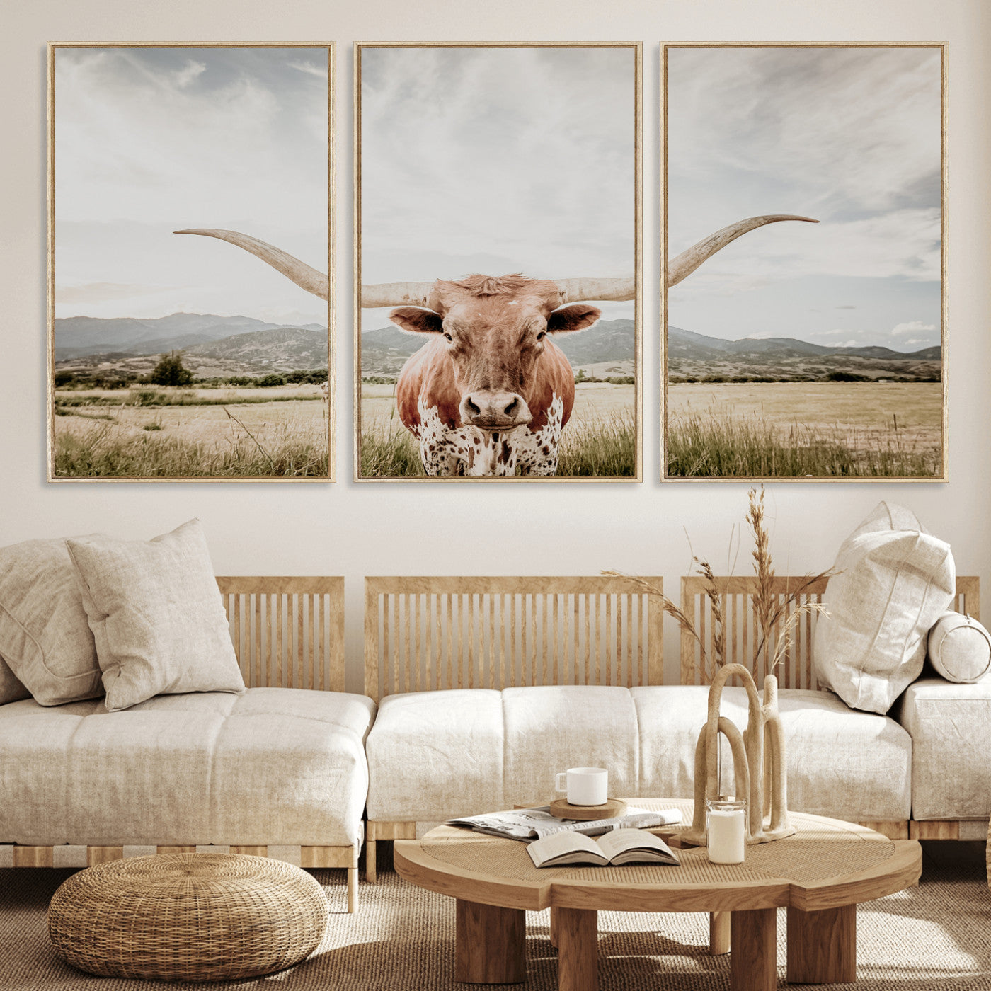 MGV-FC-60X30-3P - Texas Longhorn Wall Art Canvas Print, Framed Western Cow Art Picture Print, Rustic Farmhouse Perfect Farmhouse Decor Artwork