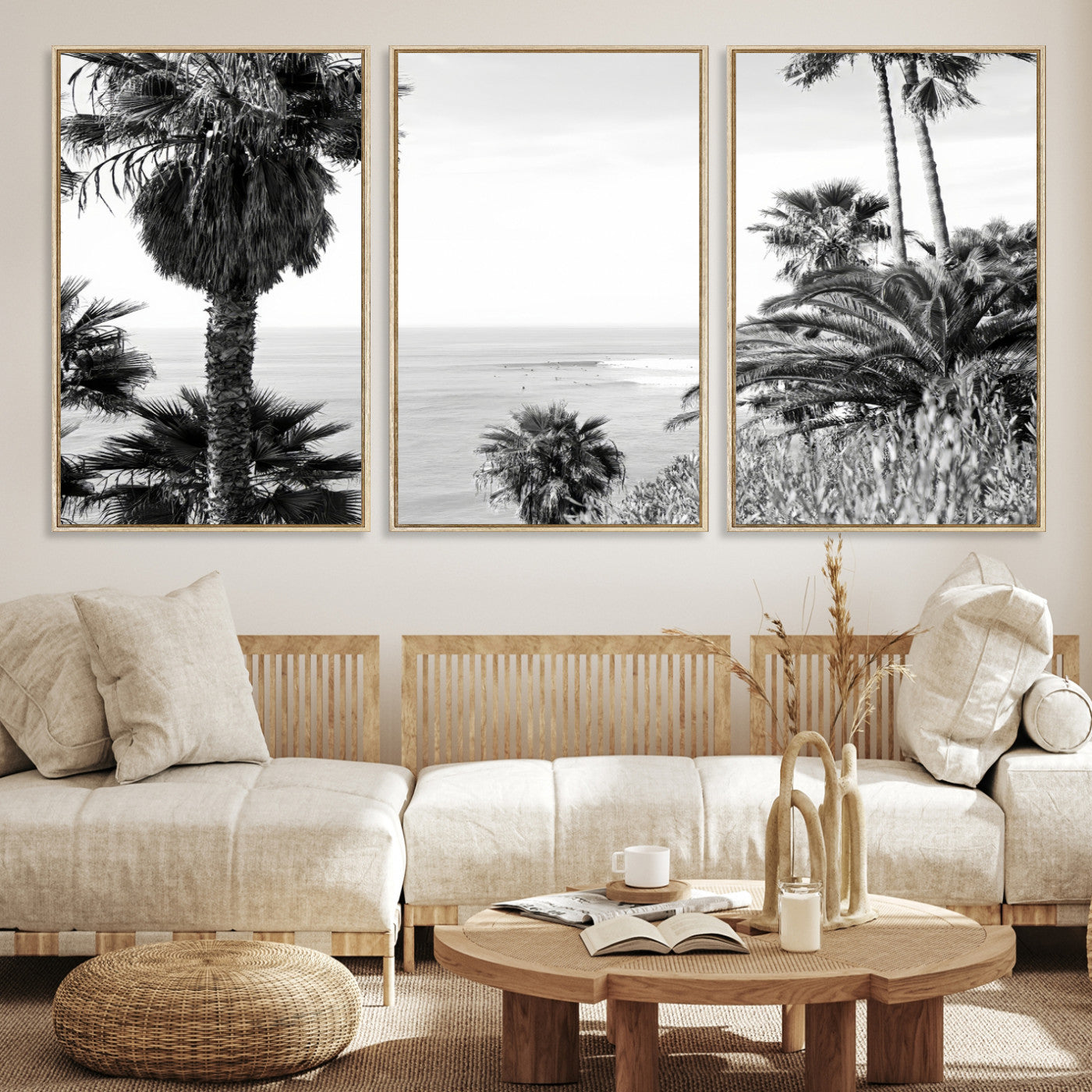 89458520-MGV-CV-36X24-Palm Trees Wall Art Canvas Print, Framed Coastal Art Picture Print, Ocean Horizon Perfect Monochrome Coast Decor