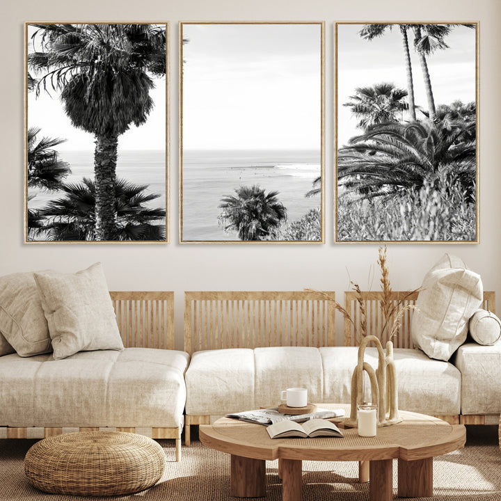 Monochrome canvas of palm trees framing a coastal surf scene, perfect for California-inspired or retro black-and-white beach decor.