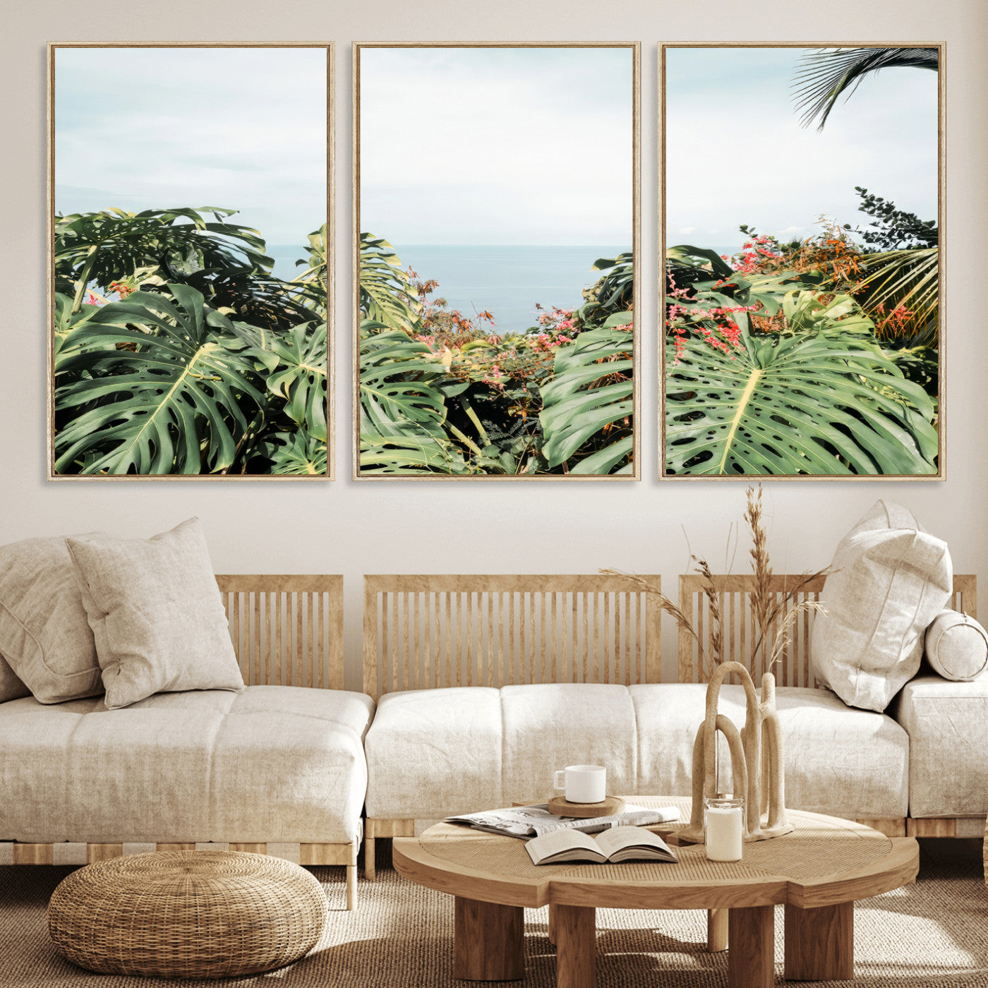 45700479-MGV-CV-36X24 - Tropical Greenery Wall Art – Exotic Leaves & Ocean View Canvas Print, Sunlit Paradise and Vibrant Nature for Living Room or Coastal Decor