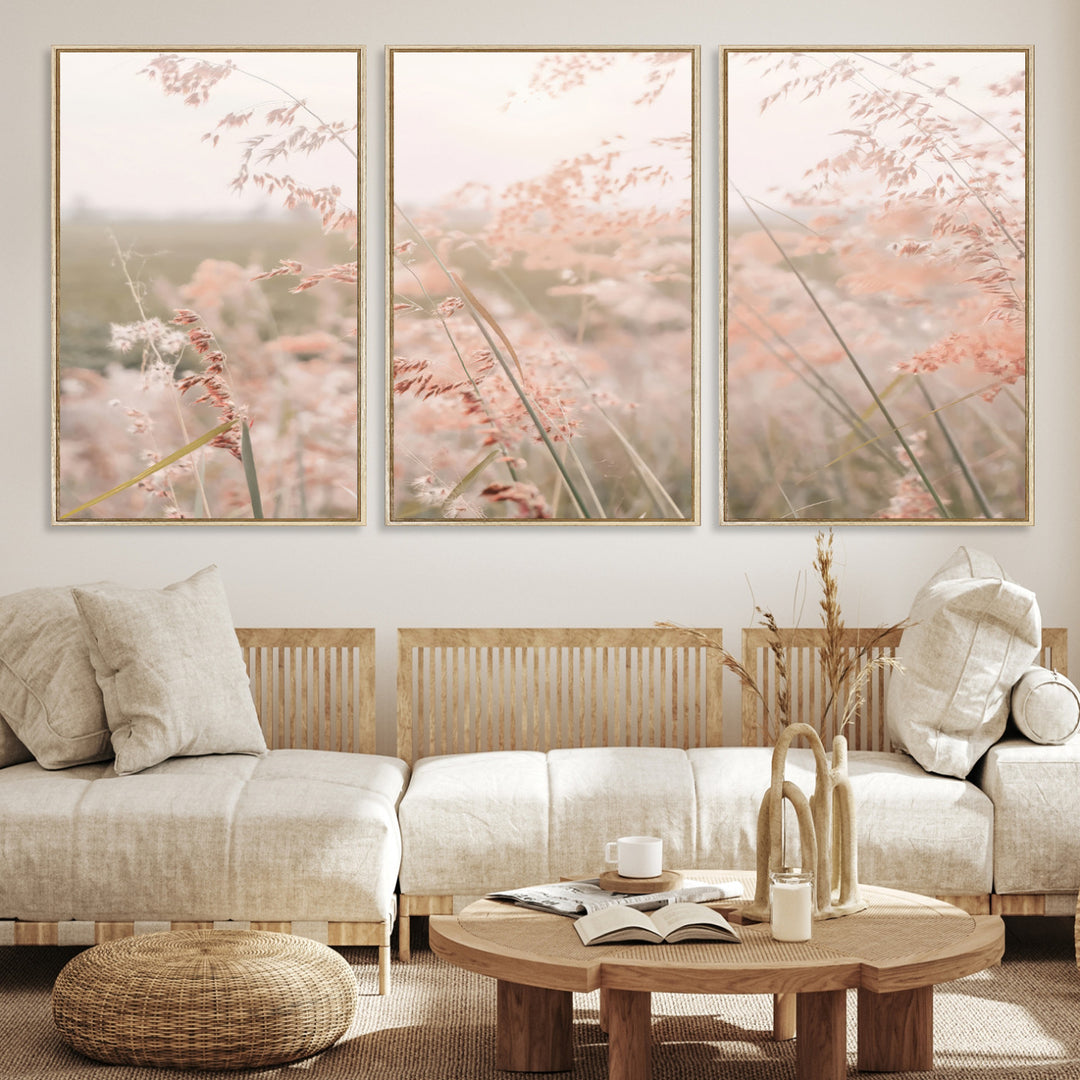 Pastel Grasses Wall Art Canvas Print, Soft Meadow Print, Framed Field in Breeze Art Print, Large Pink Meadow Printing Soft Pastel