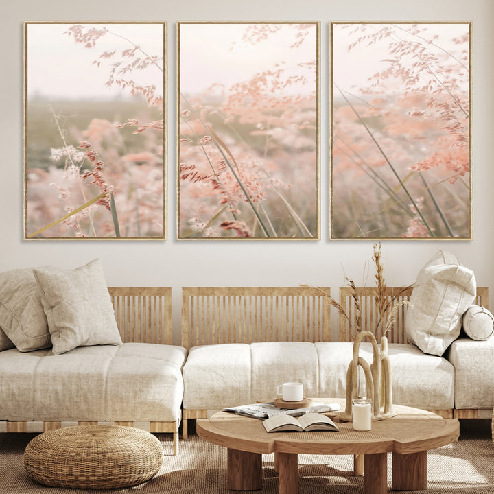 Pastel Grasses Wall Art Canvas Print, Soft Meadow Print, Framed Field in Breeze Art Print, Large Pink Meadow Printing Soft Pastel
