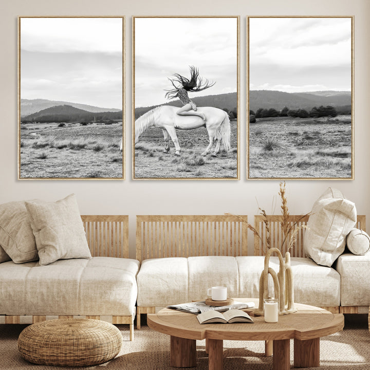 White Horse Wall Art Canvas Print, Woman Rider Print, Framed Equestrian Pose Art Print, Large Grazing Horse Printing Western Boho