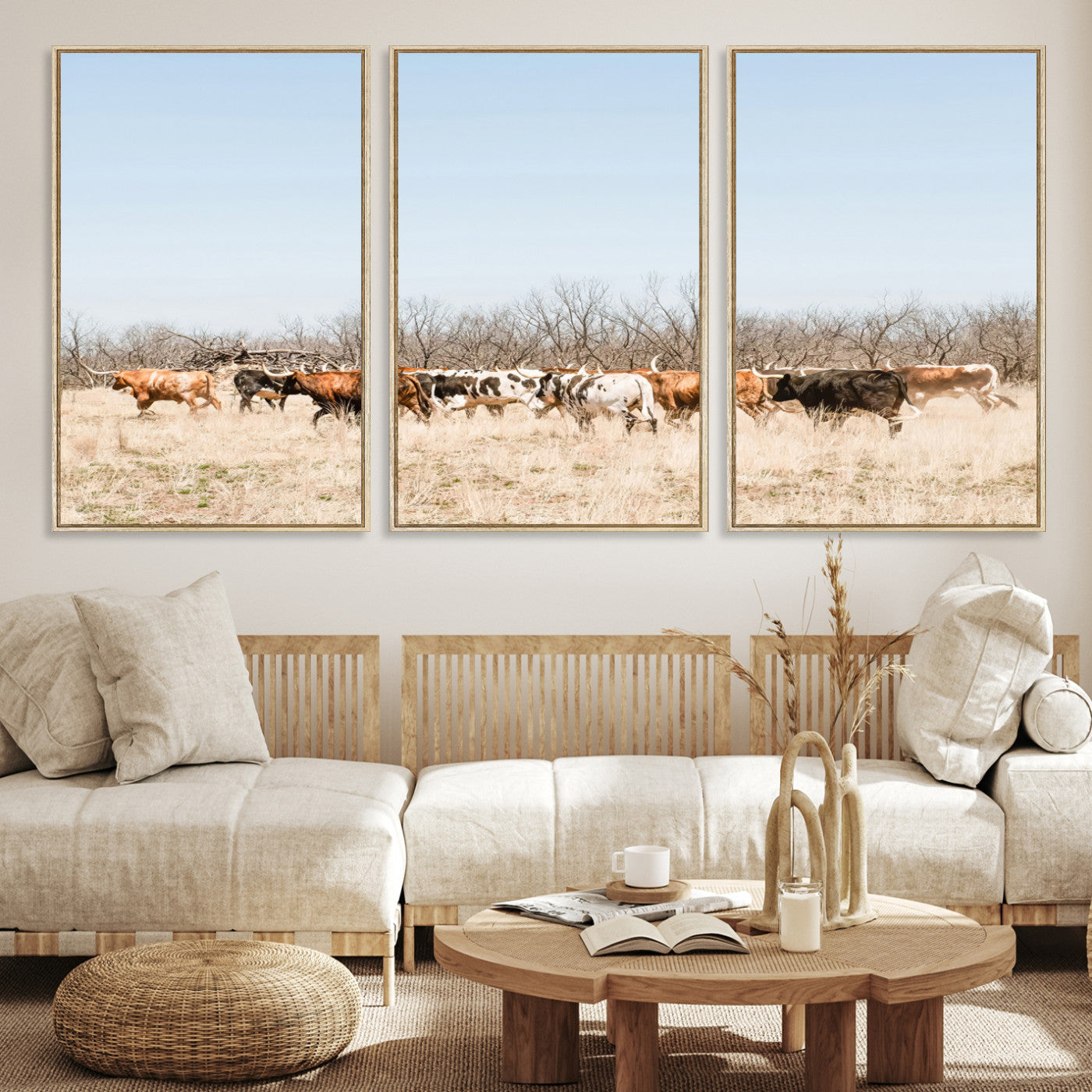 16563092-MGV-CV-36X24-Texas Longhorns Wall Art Canvas Print, Western Cattles Print Wall Art, Framed Rustic Herd Art Print, Large Country Cows Printing Rustic