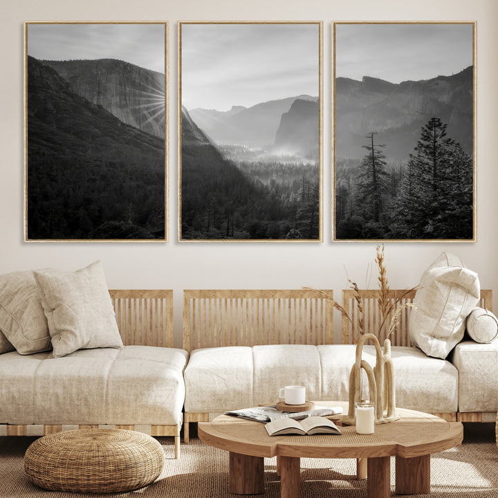 Yosemite Valley Wall Art Canvas Print, El Capitan Sunrise Print, Framed Misty Mountain Art Print, Large Monochrome Valley Printing