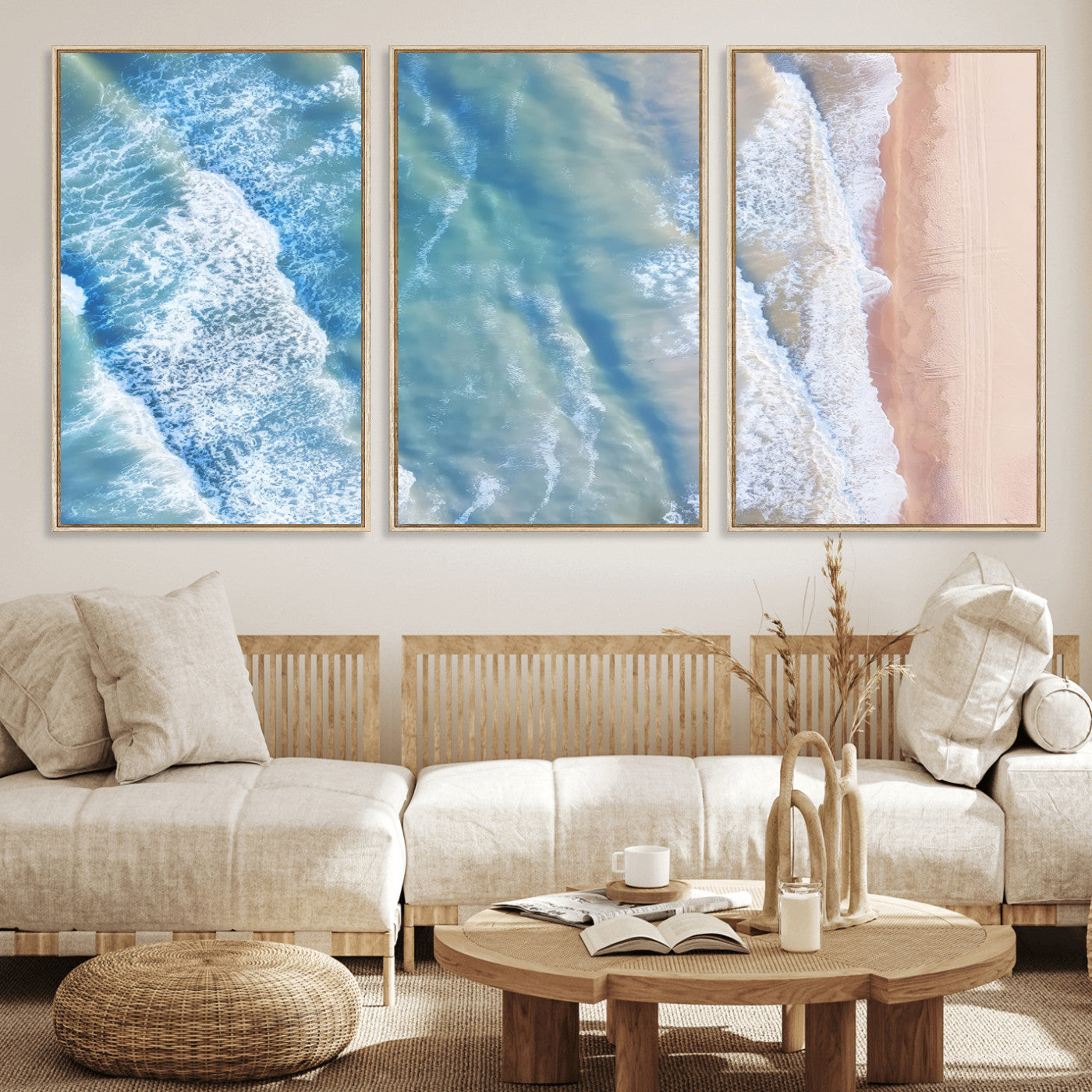 MGV-FC-60X30-3P - Aerial Ocean View Wall Art Canvas Print, Framed Soft Blue Waves Art Picture Print, Sandy Shoreline Perfect Modern Coastal Decor Artwork