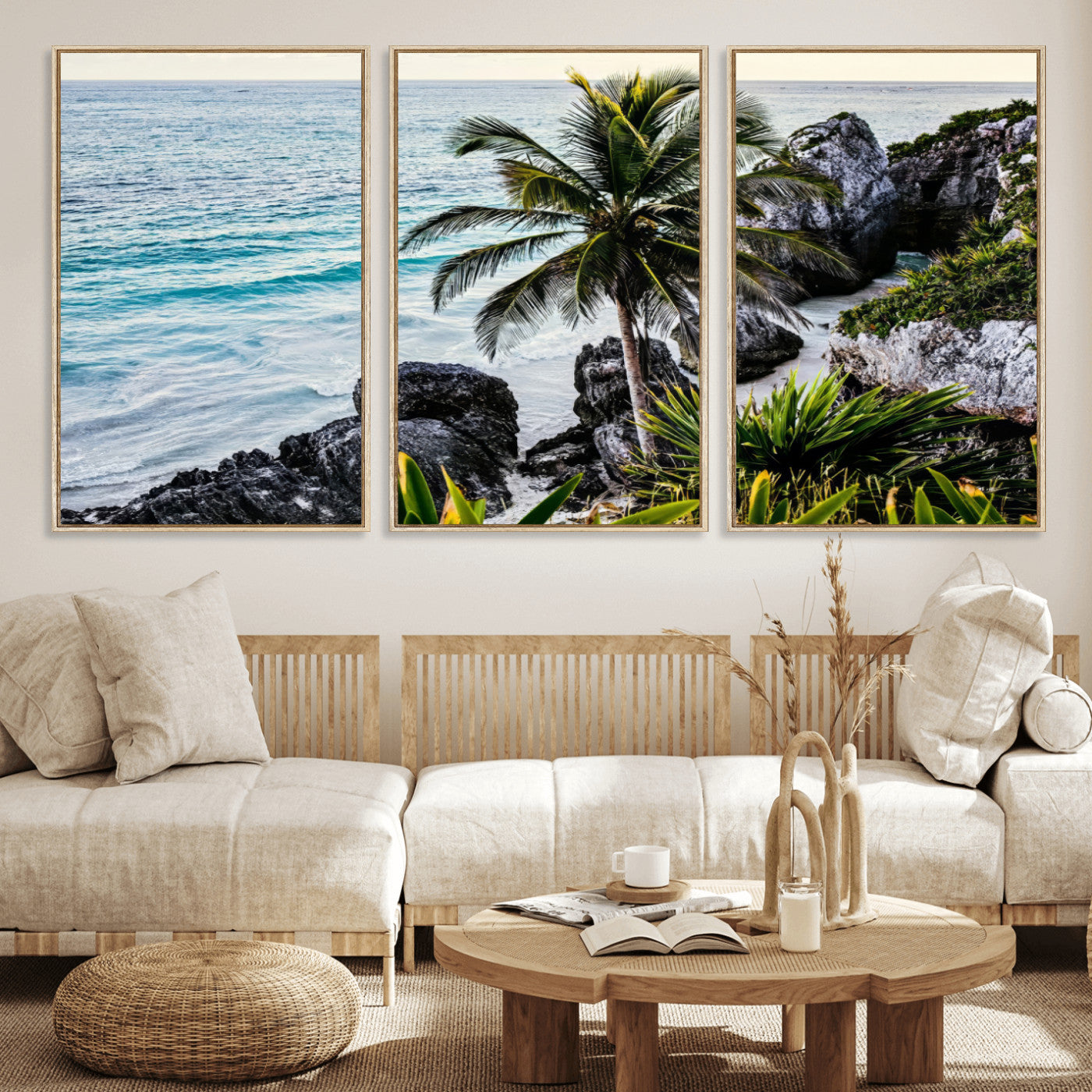 94669907-MGV-CV-36X24 - Tropical Palm Wall Art – Coastal Rocks Canvas Print, Ocean Breeze, Sandy Shore, Vibrant Green Foliage for Living Room or Beach House Decor