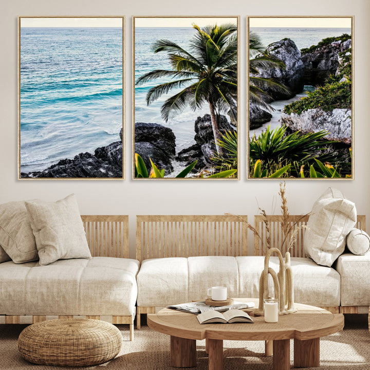 Framed canvas of a vibrant tropical coastline with palm trees, rocky cliffs, and turquoise waters, ideal for tropical coastal home decor.