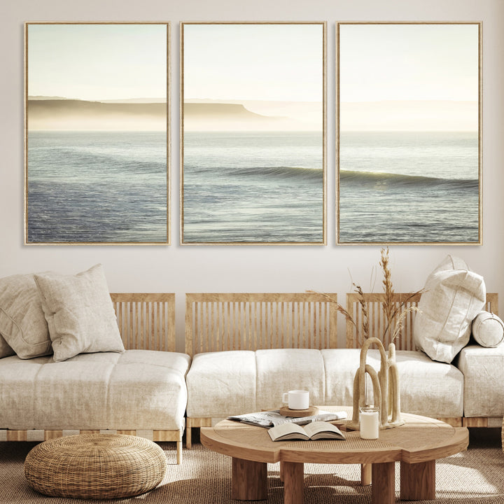 Canvas of a misty ocean scene with coastal cliffs and soft neutral tones, ideal for Scandinavian coastal or minimalist nature-inspired home decor.