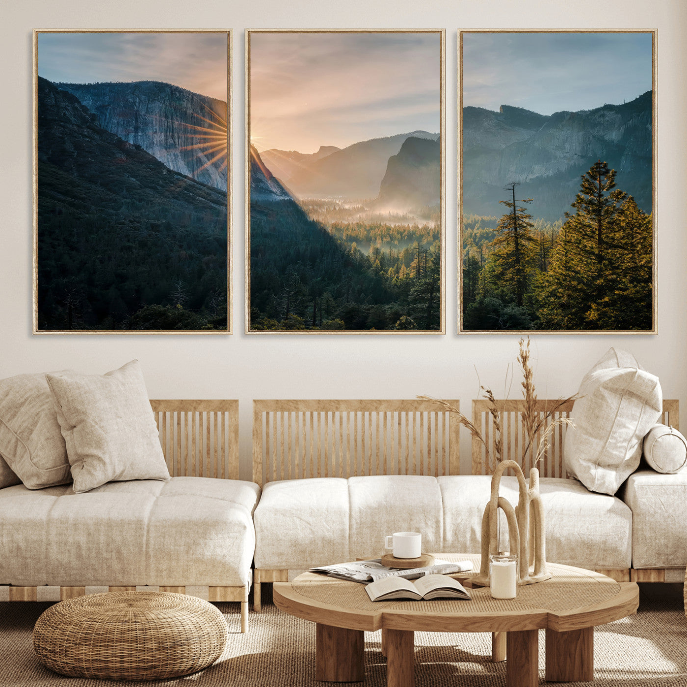 51605481-MGV-CV-36X24 - Yosemite Valley Wall Art – Misty Forest Peaks Canvas Print, Radiant Light, Tranquil Nature Landscape for Living Room or Cabin Decor