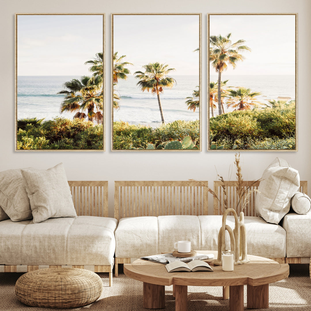 Framed print of sunlit palm trees on the California coast with warm tones, perfect for coastal minimalist or beach-style home decor.