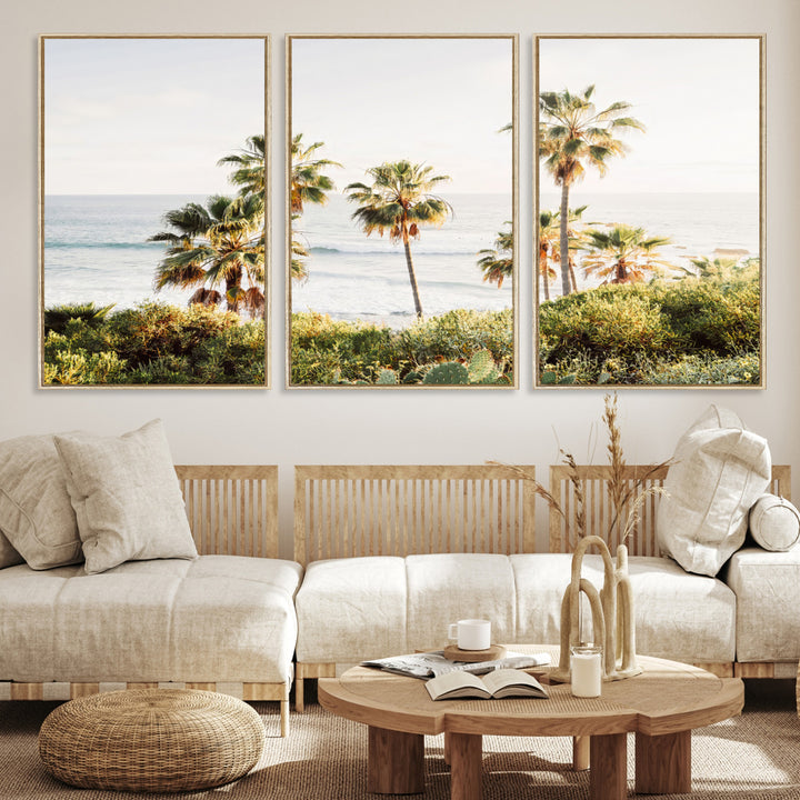 Framed print of sunlit palm trees on the California coast with warm tones, perfect for coastal minimalist or beach-style home decor.