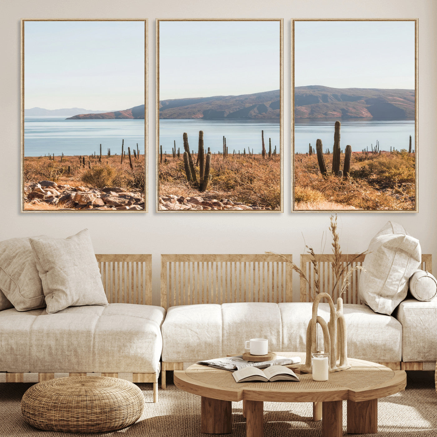 MGV-FC-60X30-3P - Desert Cactus Wall Art Canvas Print, Framed Baja Coastline Art Picture Print, Coastal Desert Perfect Southwestern Minimalist Decor Artwork