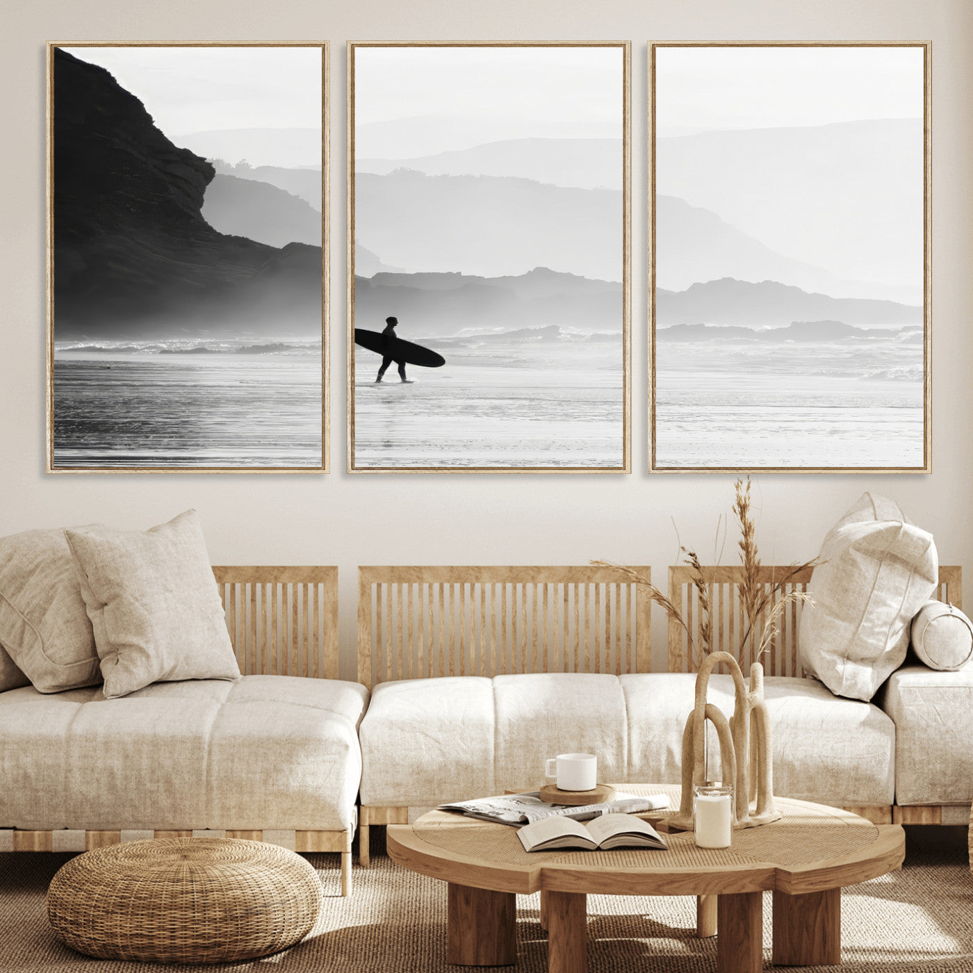 MGV-FC-60X30-3P - Surfer In Fog Wall Art Canvas Print, Framed Moody Shoreline Art Picture Print, Cliffside Waves Perfect Minimalist Coastal Decor Artwork